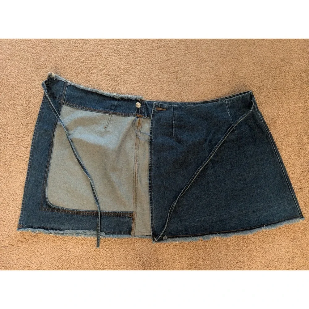 FRNCH Paris Denim Wrap Skirt Size S Frayed Hem Blue Cotton Blend Tie Waist